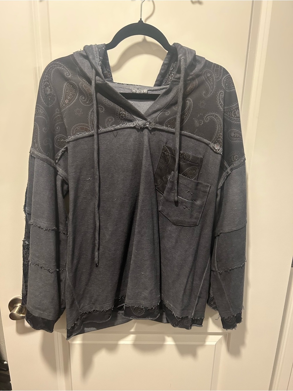 POL - Washed Charcoal Hooded Pullover with Paisley Accents - Oversize Small